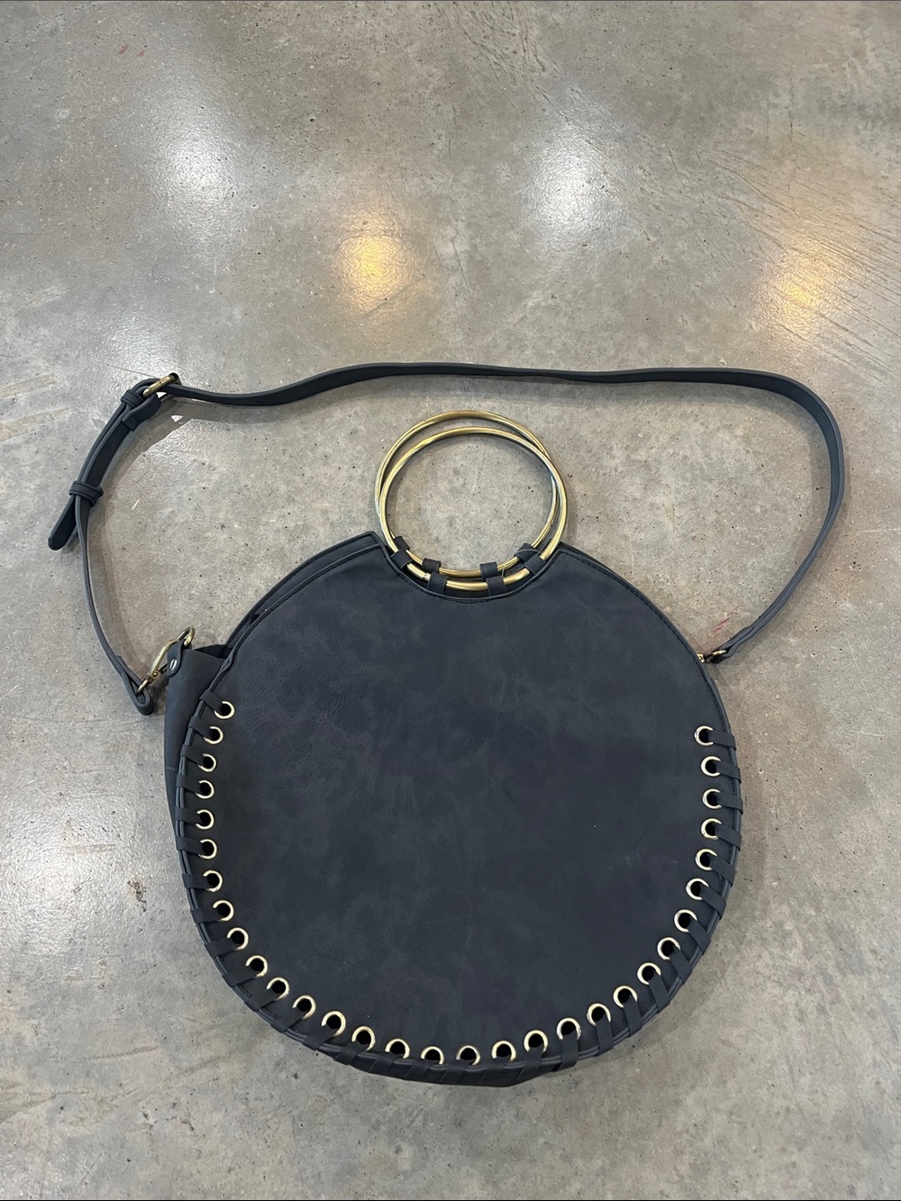 Anthropologie Black Round Crossbody with Gold Ring Handles